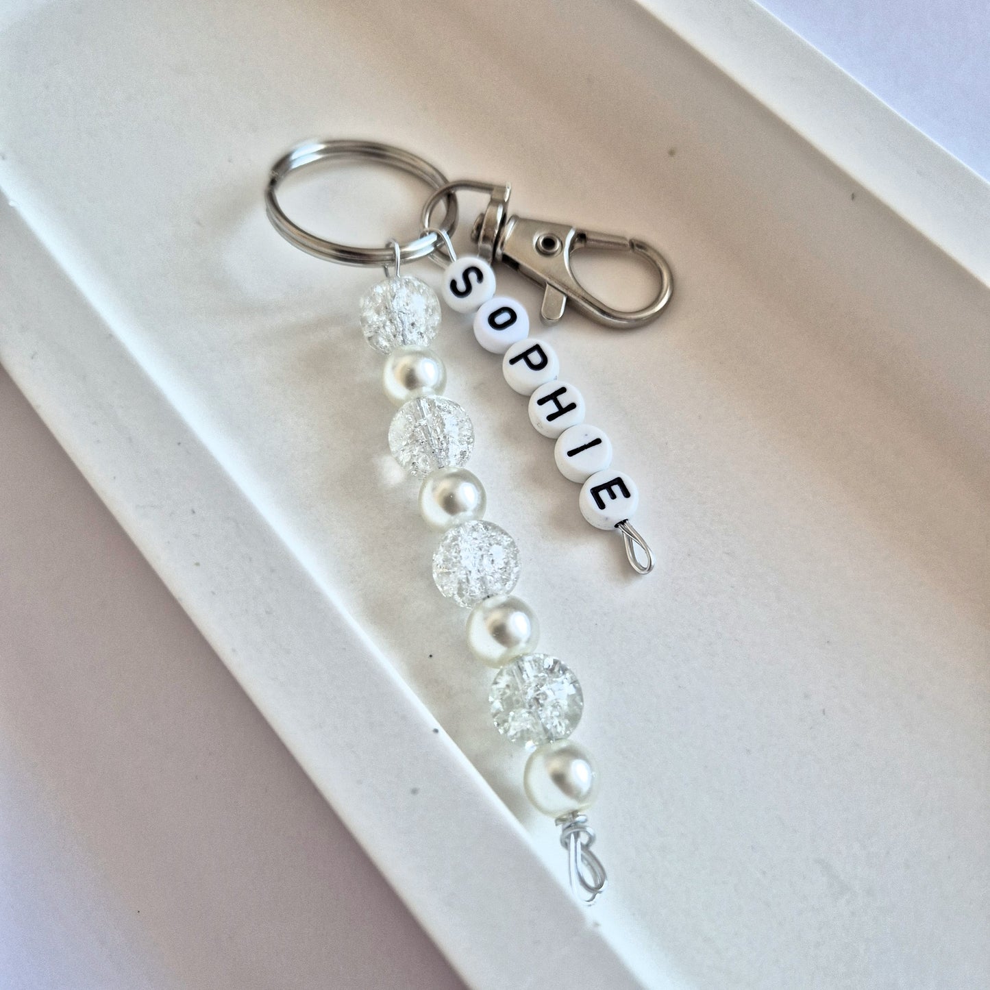 Personalised Keychain With White Beads, Name Bag Charm