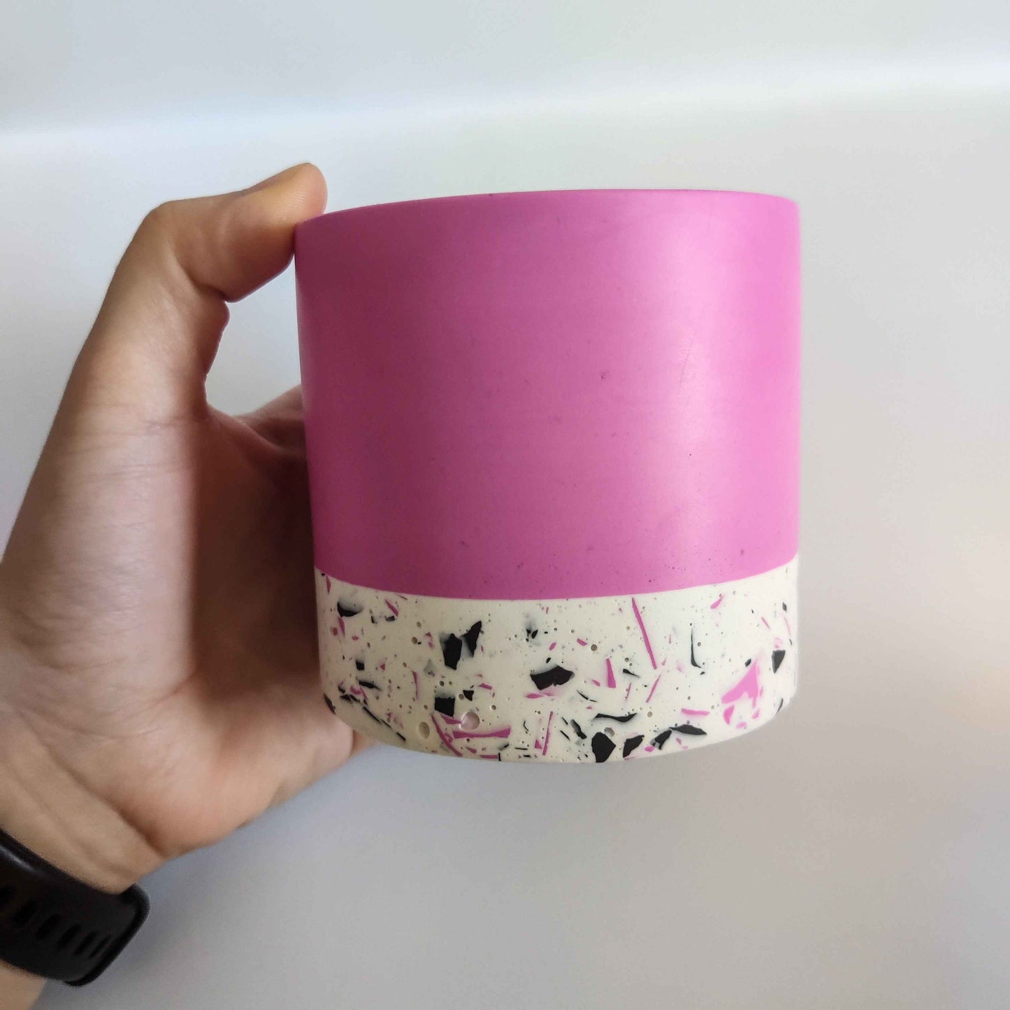 Half terrazzo vivid pink pen pot, marble toothbrush makeup brush holder