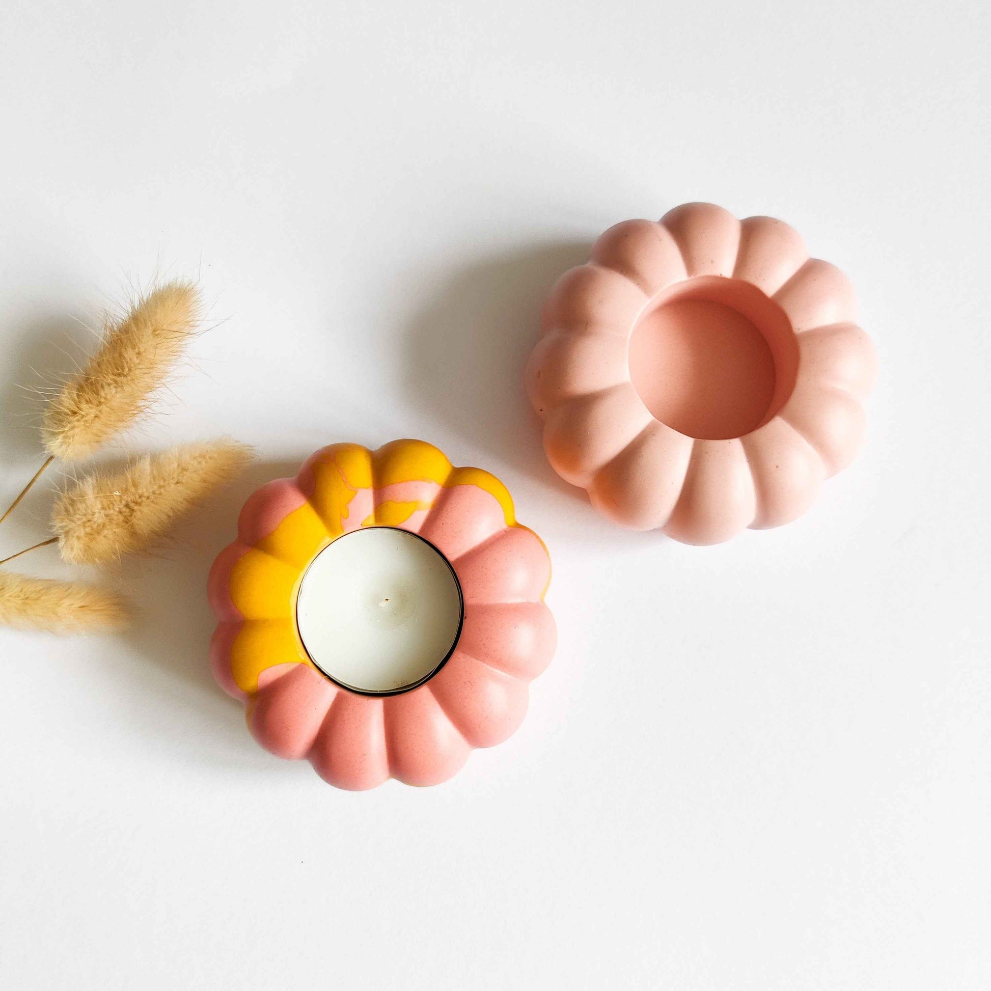 Pumpkin tealight candle holder for autumn home decor table, pink and orange