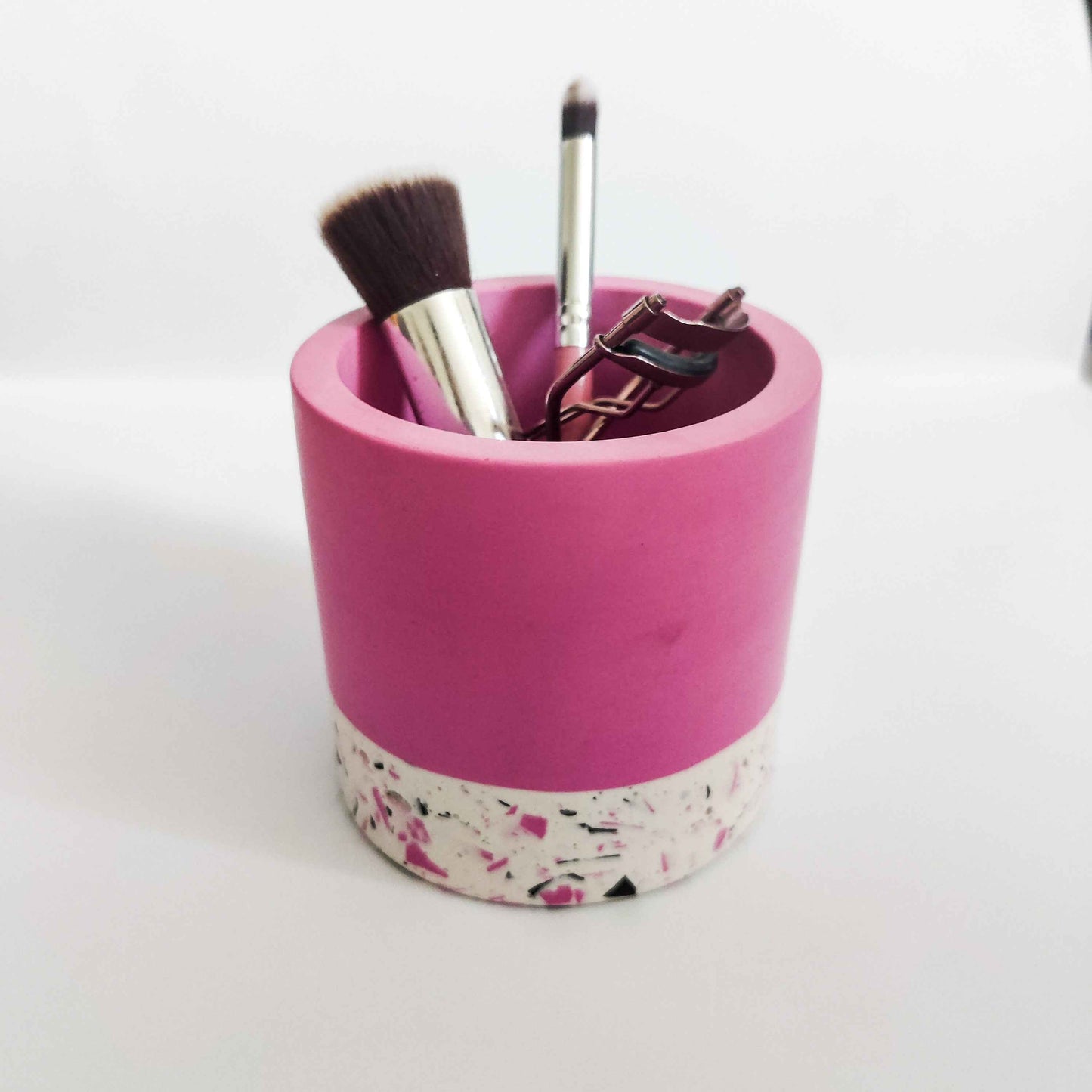Half terrazzo vivid pink pen pot, marble toothbrush makeup brush holder
