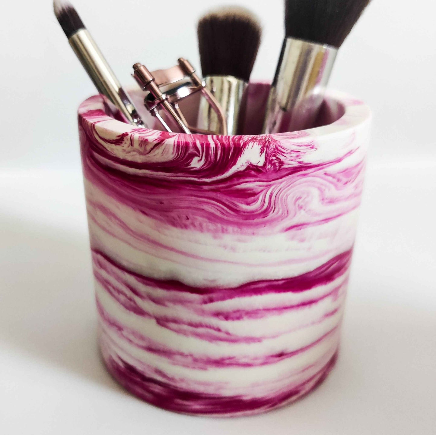 Half terrazzo vivid pink pen pot, marble toothbrush makeup brush holder