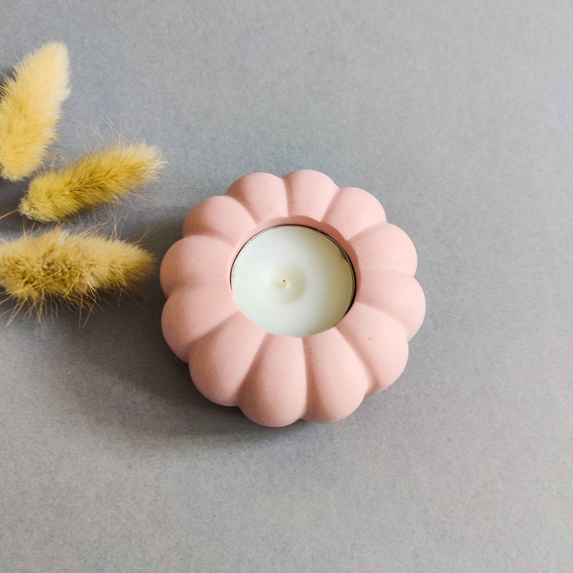 Pumpkin tealight candle holder for autumn home decor table, pink and orange