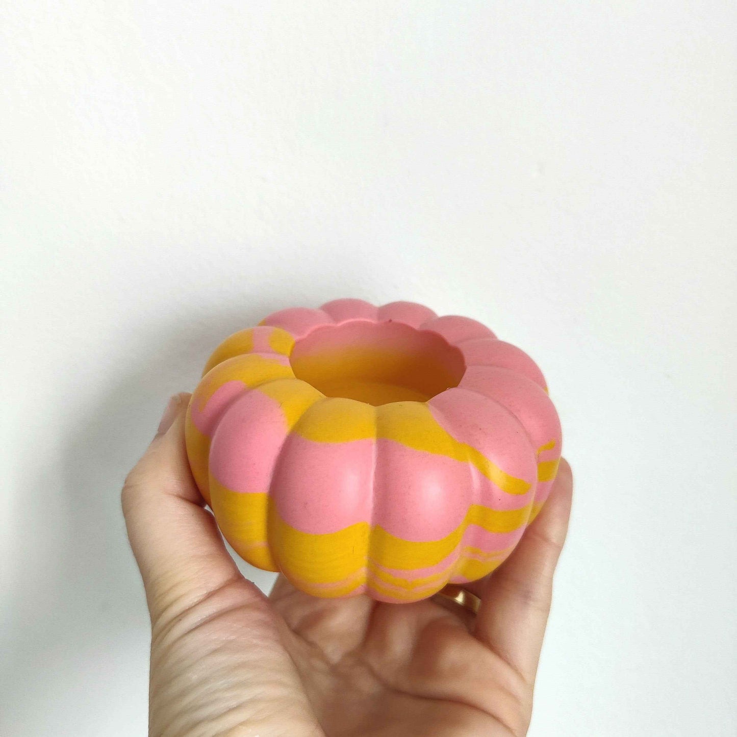 Pumpkin tealight candle holder for autumn home decor table, pink and orange