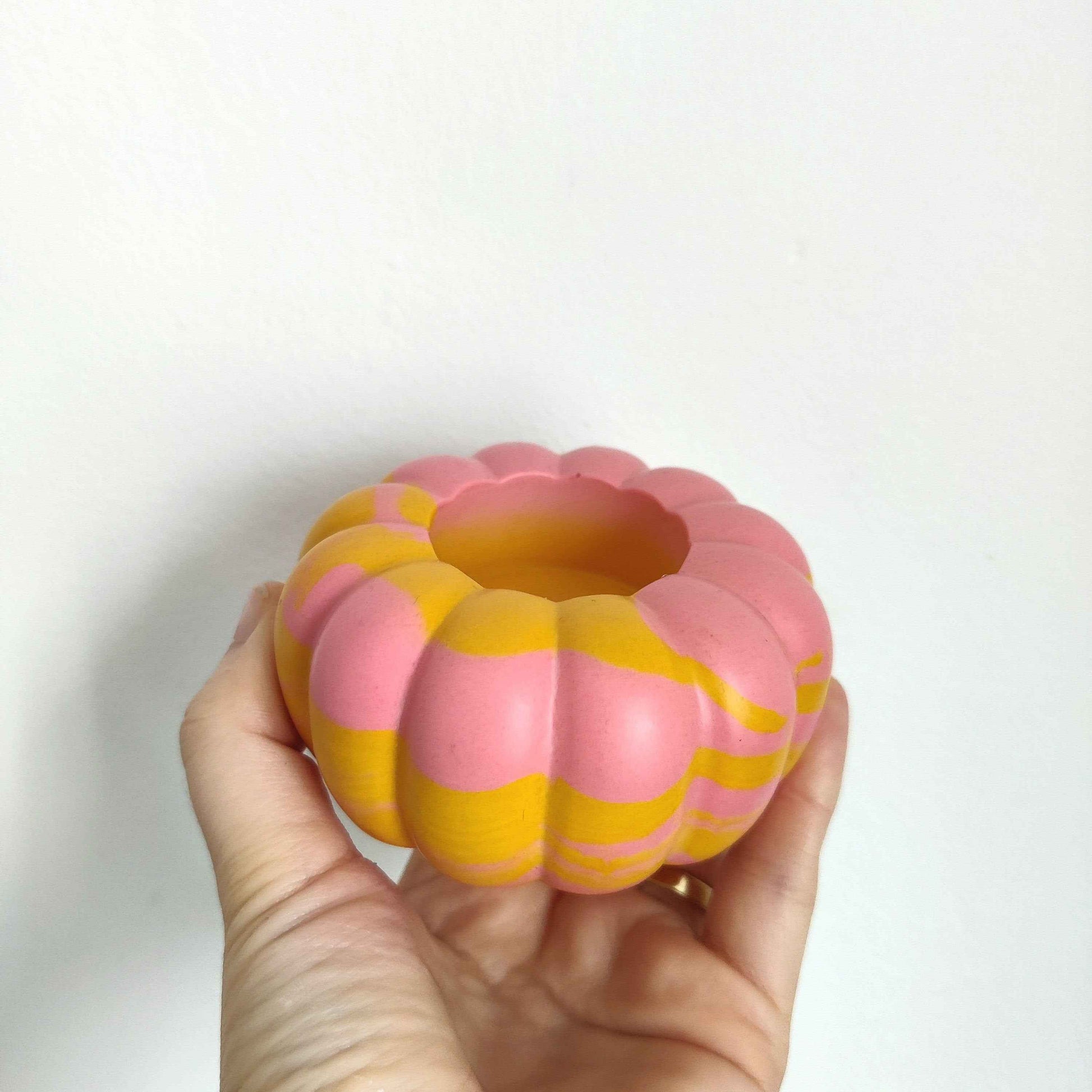 Pumpkin tealight candle holder for autumn home decor table, pink and orange