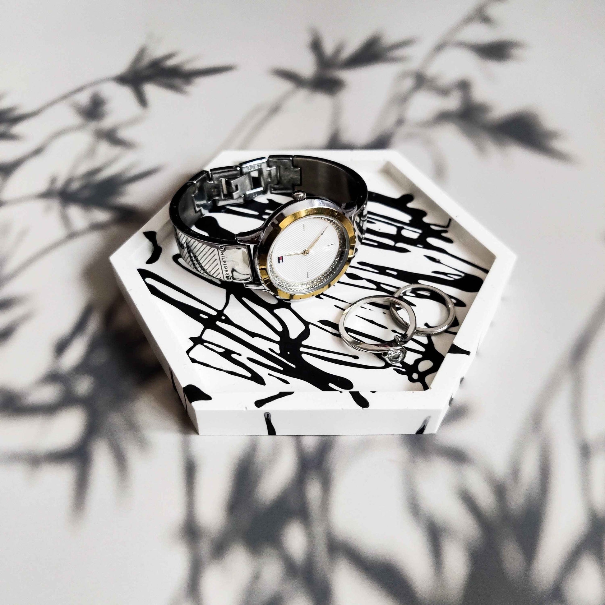 Splatter hexagonal trinket dish for entry table, jewellery tray