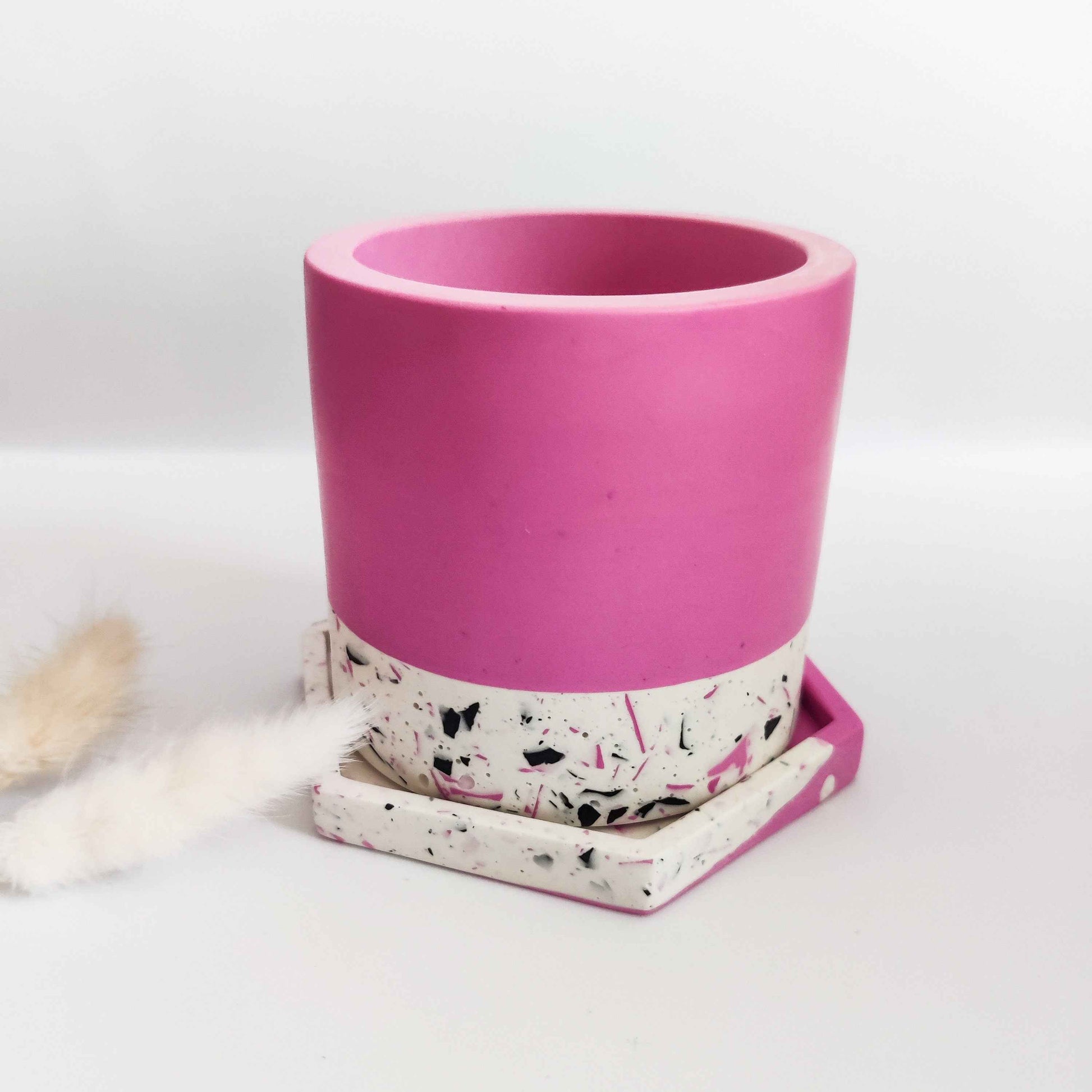 Half terrazzo vivid pink pen pot, marble toothbrush makeup brush holder