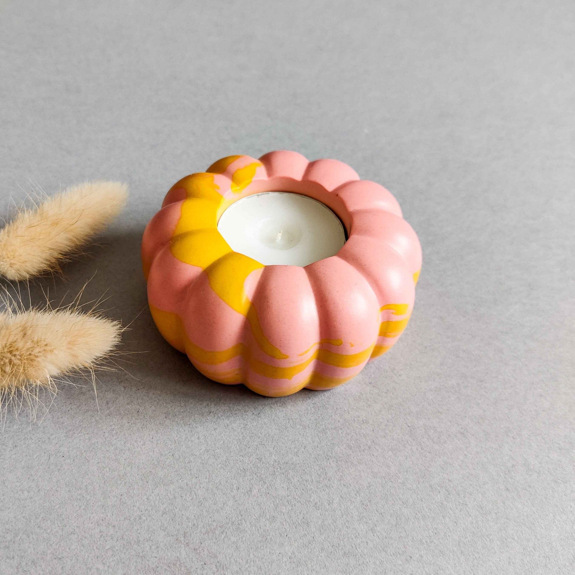 Pumpkin tealight candle holder for autumn home decor table, pink and orange