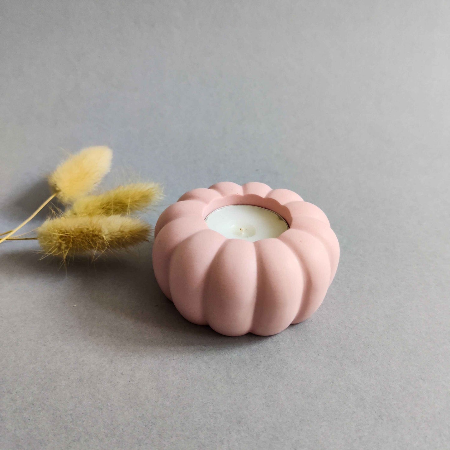 Pumpkin tealight candle holder for autumn home decor table, pink and orange