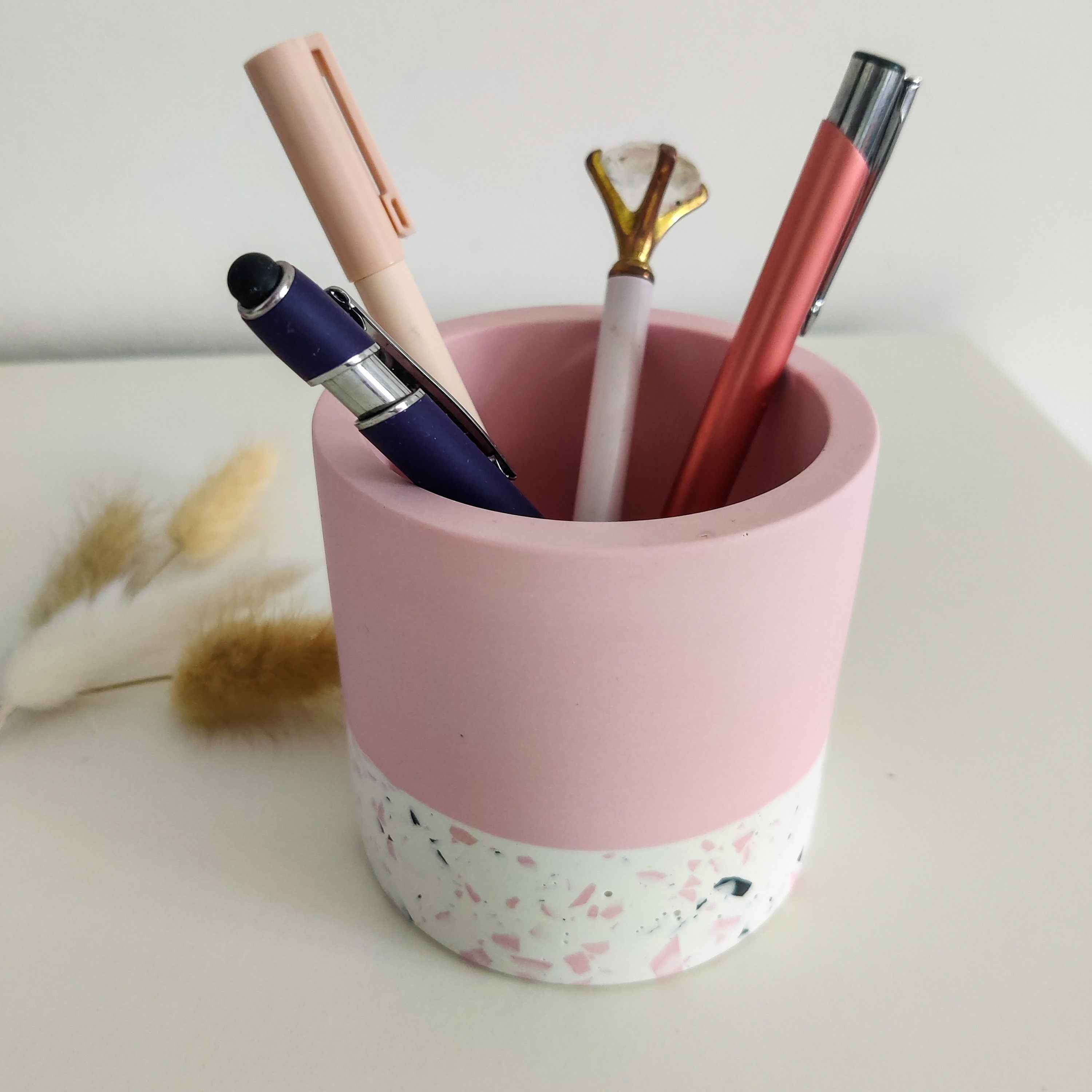 Half Terrazzo pen pot, make up brushes holder gift for her pink, sage green, beige