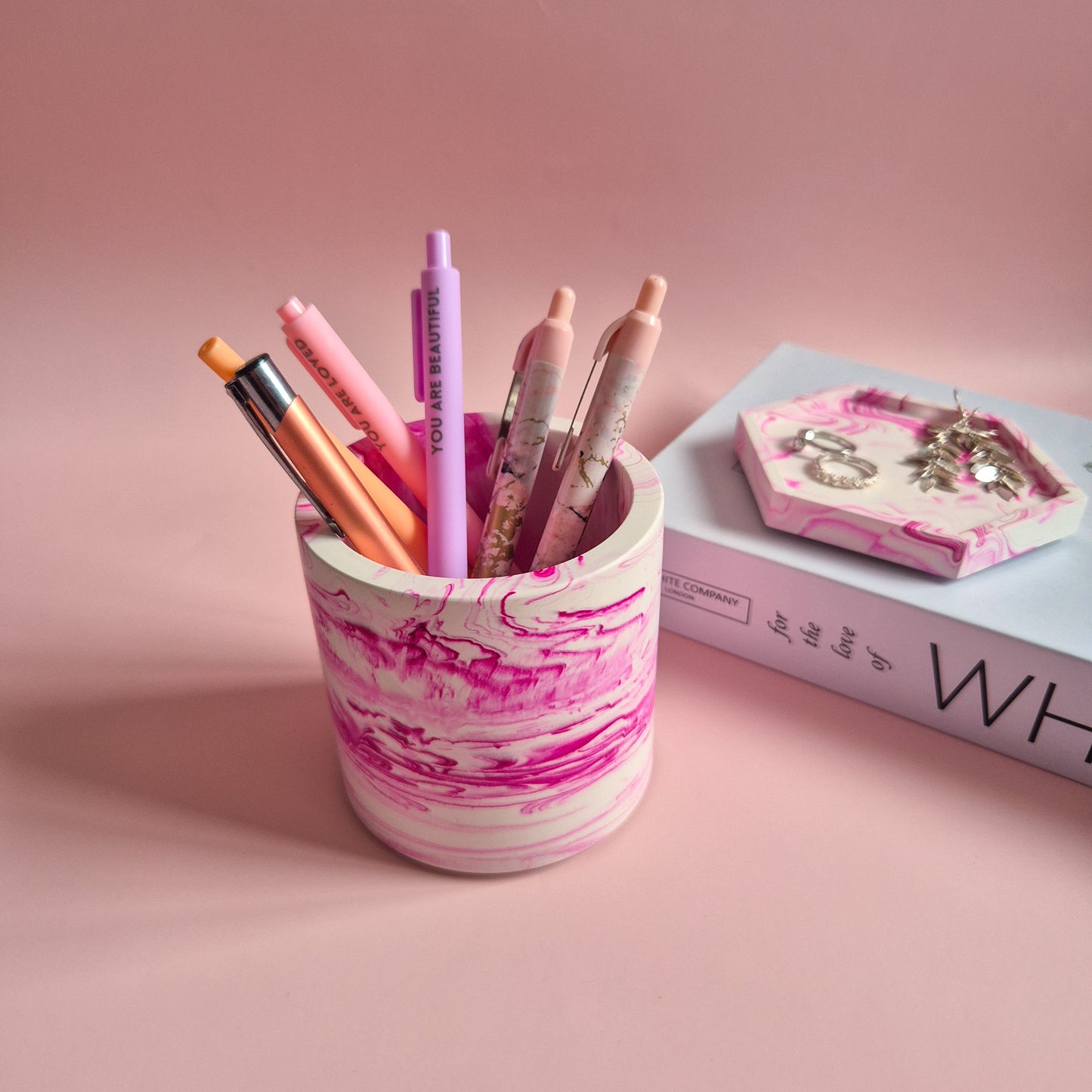 Half terrazzo vivid pink pen pot, marble toothbrush makeup brush holder