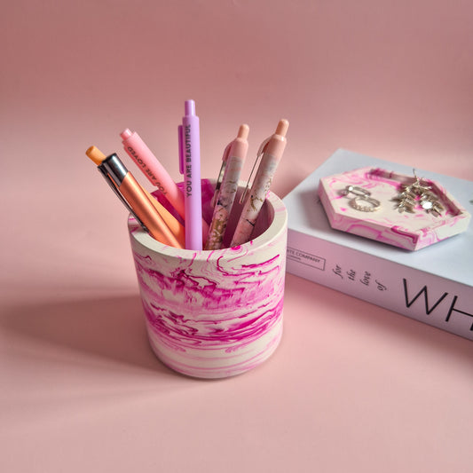 Half terrazzo vivid pink pen pot, marble toothbrush makeup brush holder