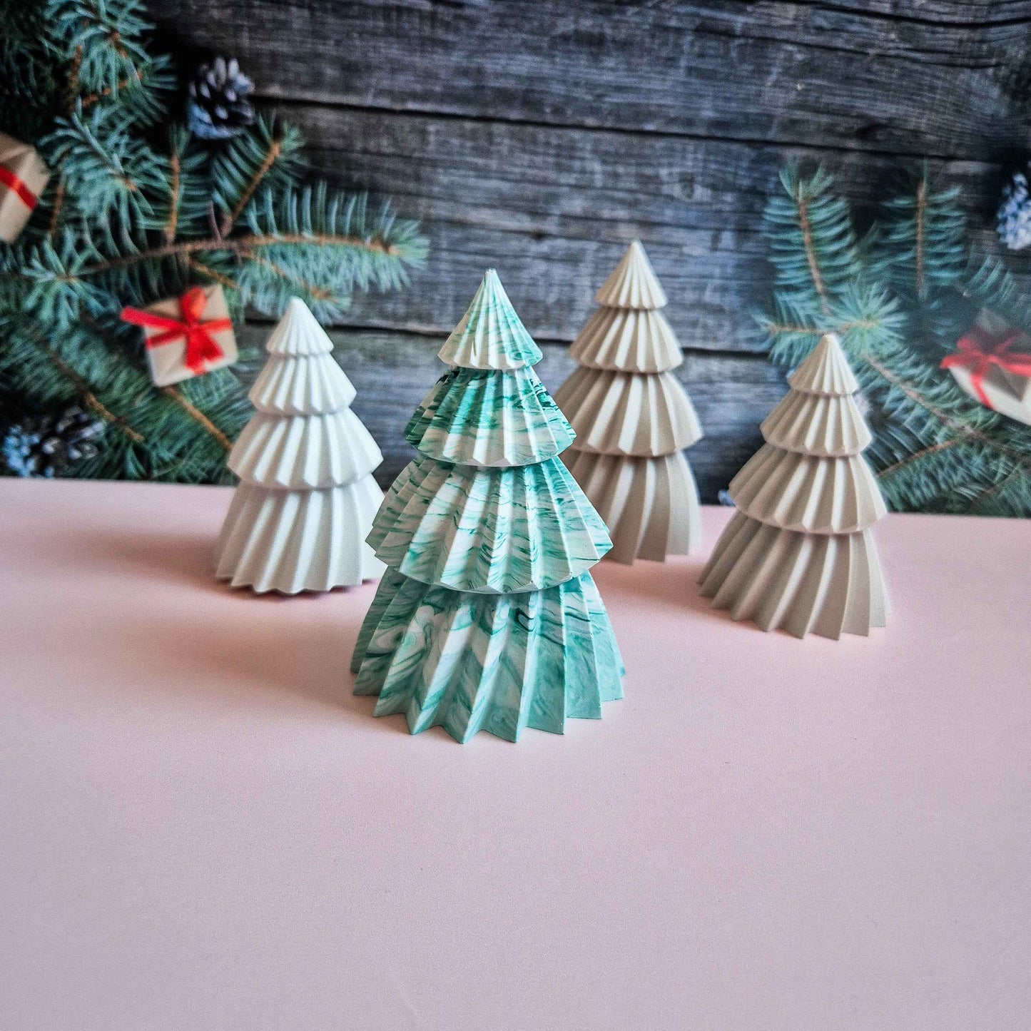 Jesmonite Christmas trees, seasonal shelf decor