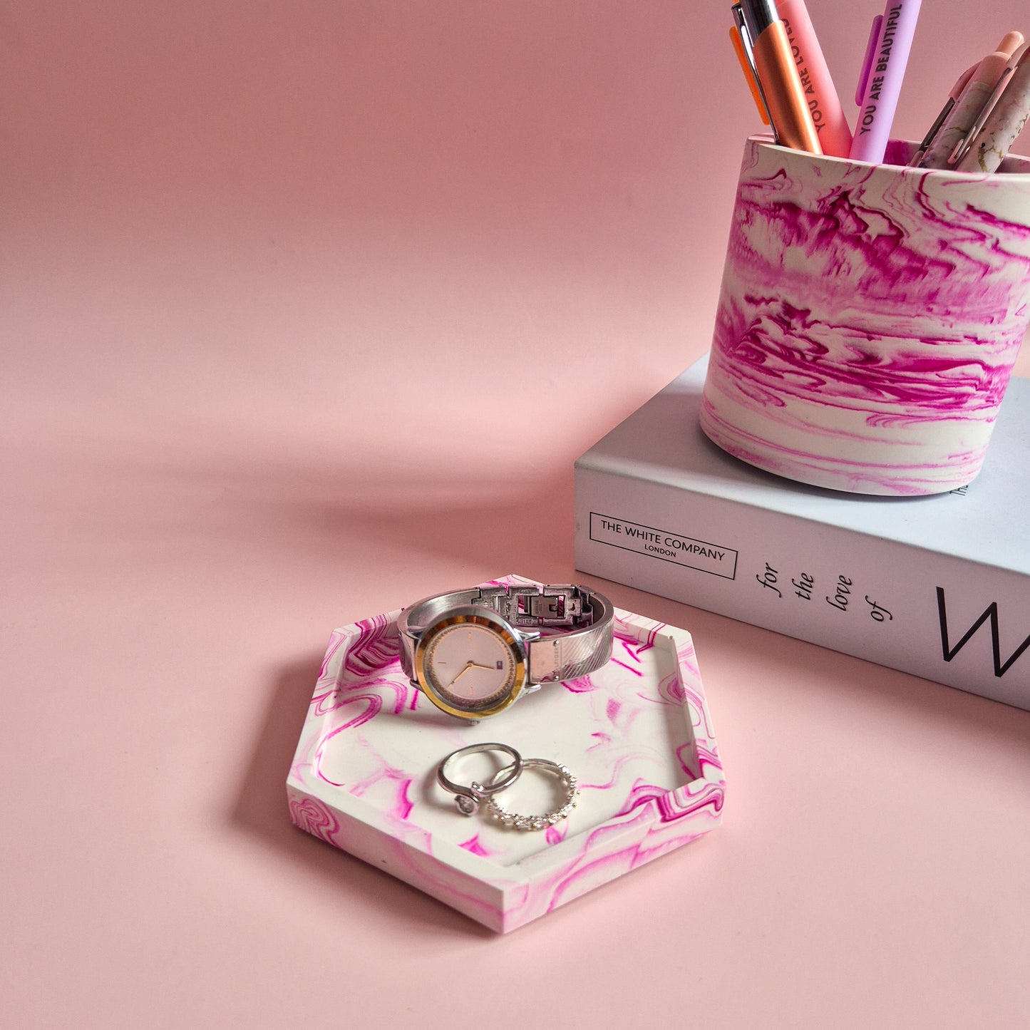Half terrazzo vivid pink pen pot, marble toothbrush makeup brush holder