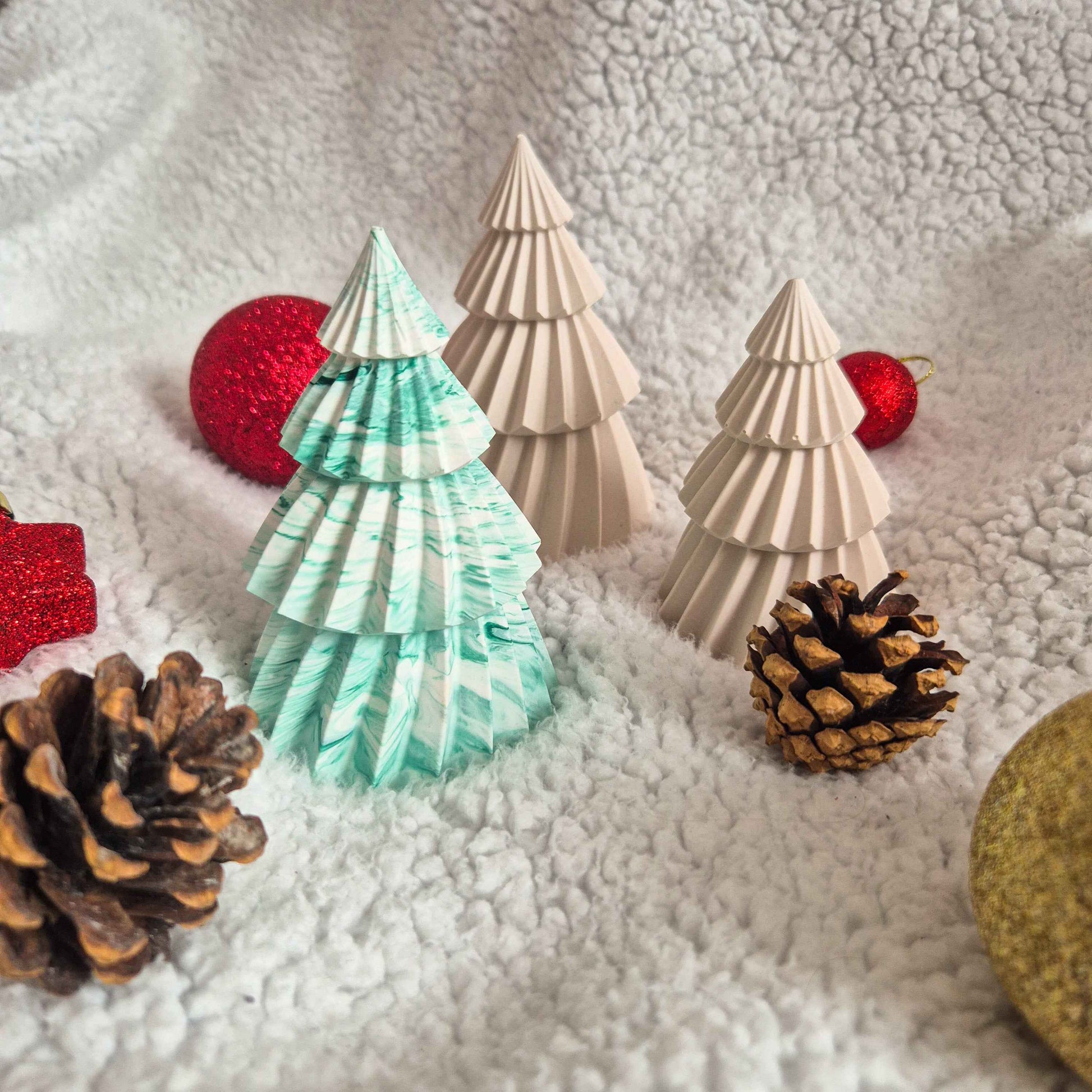 Jesmonite Christmas trees, seasonal shelf decor