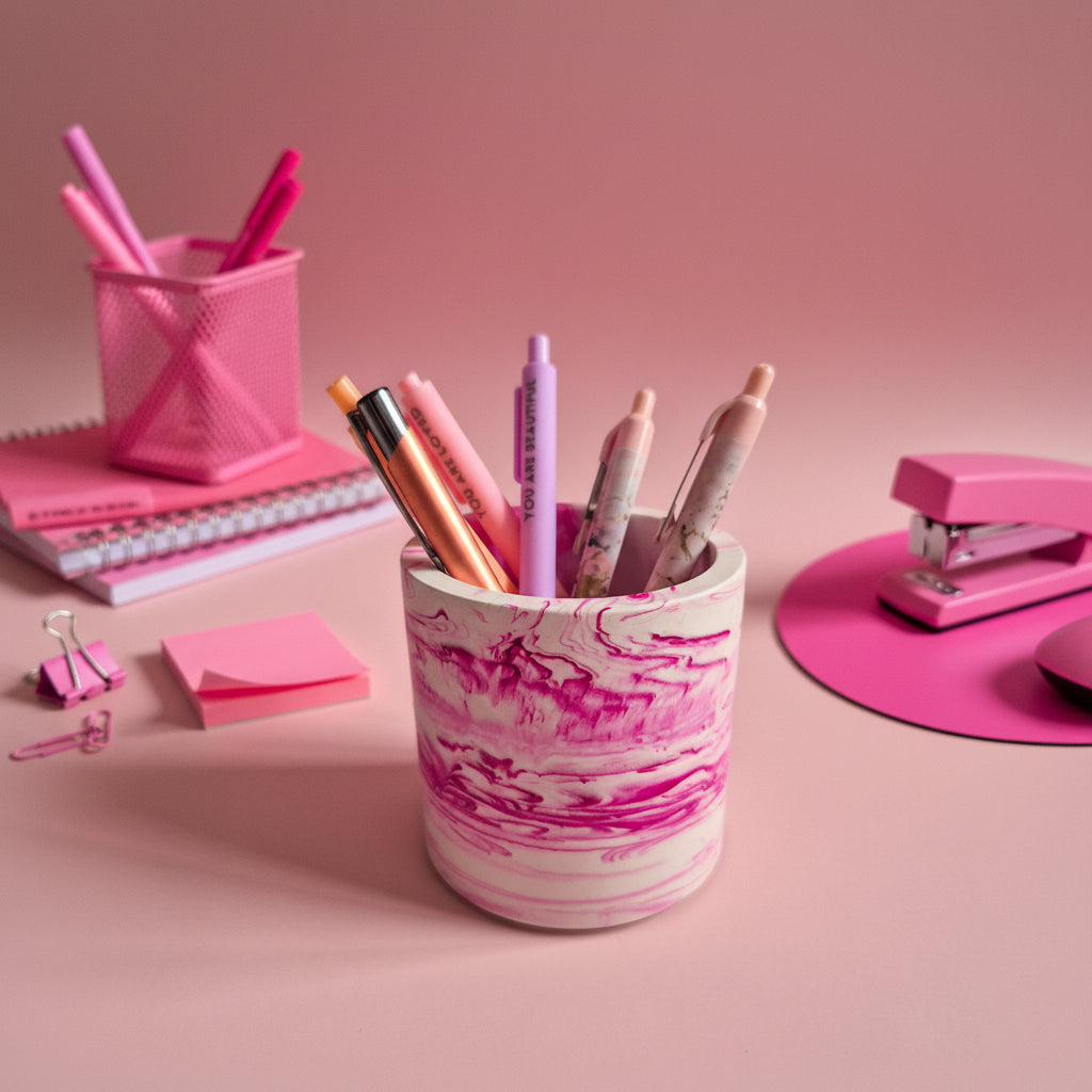 Half terrazzo vivid pink pen pot, marble toothbrush makeup brush holder