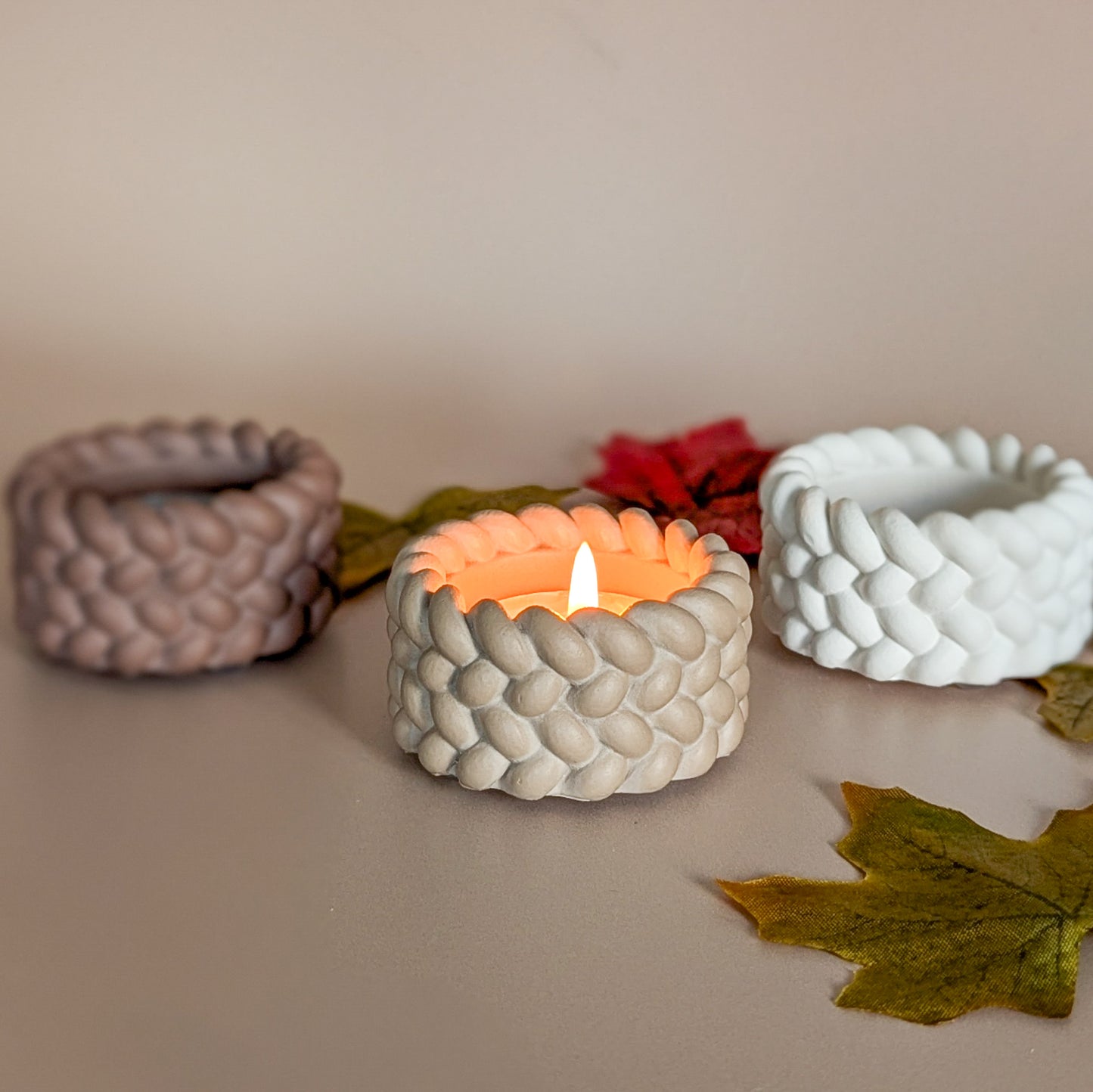 Knitted style cosy tealight candle holders
