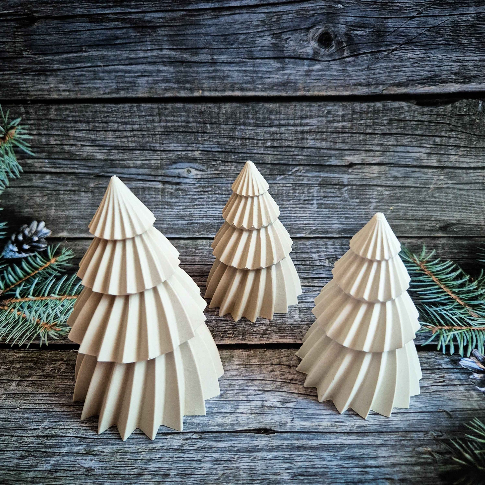 Jesmonite Christmas trees, seasonal shelf decor