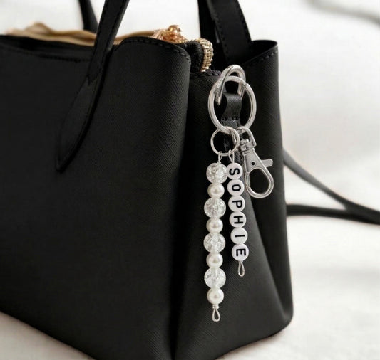Personalised Keychain With White Beads, Name Bag Charm
